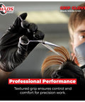 Person wearing black Heavy Duty 5 Mil Nitrile Gloves Latex Free Powder Free Micro Textured Grip For Repair Cleaning Painting And Chemical Work One Box Of 100 Large Great For Automotive Work And General Maintenance Painting Cleaning And Handling Delicate Parts while trimming hair.