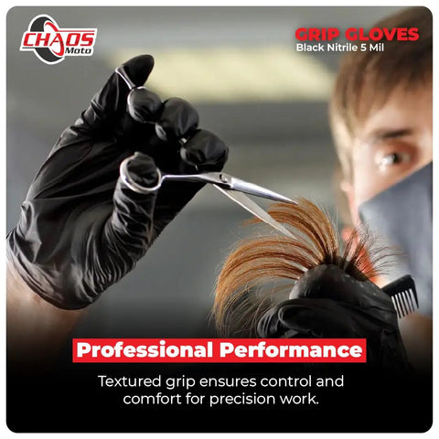 Person wearing black Heavy Duty 5 Mil Nitrile Gloves Latex Free Powder Free Micro Textured Grip For Repair Cleaning Painting And Chemical Work One Box Of 100 Large Great For Automotive Work And General Maintenance Painting Cleaning And Handling Delicate Parts while trimming hair.