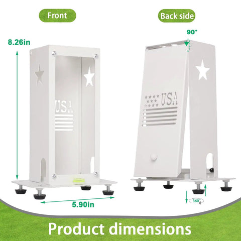 Front and back view of Protective Shield For Square Golf Launch Monitor Rugged Metal Enclosure with leveling feet dimensions.