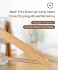 Close-up of a natural wood hanger from Premium Wooden Hangers Set Of 20 Non Slip Coat Hangers With Smooth Finish Notches And 360 Degree Swivel Hook For Jeans Pants Jackets Shirts Dresses Natural Wood, showing burr-free pant bar and sharply cut notches.