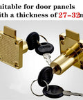Gold Drawer Lock And Door Puncher Set For Desks Cabinets And Jewelry Boxes With 0.75 Inch Door Opener Hole Fits 27 To 32 mm Door Panels Model CT-138-32 1 Set, showing lock with keys suitable for door panels.