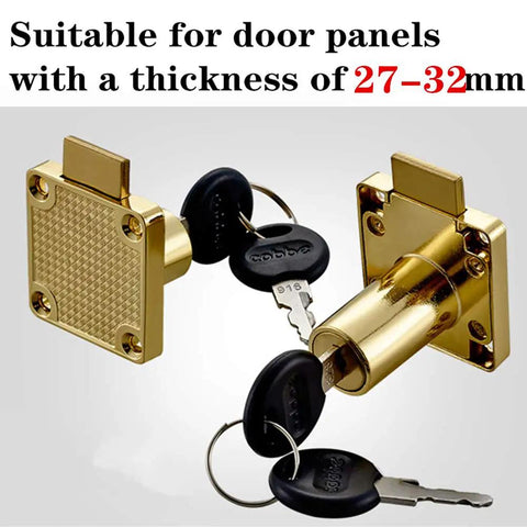 Gold Drawer Lock And Door Puncher Set For Desks Cabinets And Jewelry Boxes With 0.75 Inch Door Opener Hole Fits 27 To 32 mm Door Panels Model CT-138-32 1 Set, showing lock with keys suitable for door panels.