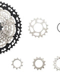 12 Speed Mountain Bike Cassette 10 To 45T Aluminum Alloy With Micro Spline Freehub And Lockring displayed with all individual cogs