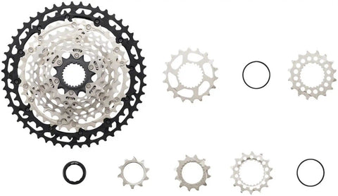 12 Speed Mountain Bike Cassette 10 To 45T Aluminum Alloy With Micro Spline Freehub And Lockring displayed with all individual cogs
