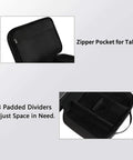 Travel Electronics Organizer Case Water Resistant Cable Organizer Bag showing zipper pocket for tablet and 3 padded dividers.