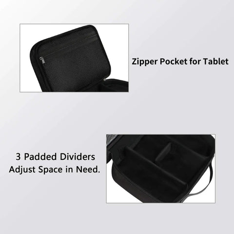 Travel Electronics Organizer Case Water Resistant Cable Organizer Bag showing zipper pocket for tablet and 3 padded dividers.