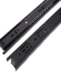 Heavy Duty 3 Stage Soft Close Drawer Slides For Rock Solid Cabinet Builds featuring a close-up of two black metal slides.