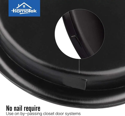 Close-up of round matte black finish showing snap-in mechanism of 8 Pack Closet Door Finger Pulls 2-1/16 Inch Round Sliding Door Handles