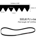 500J6 PJ V Ribbed Belt With 6 Ribs 50 Inch Length 0.55 Inch Width 0.14 Inch Thickness EPDM Rubber Poly V Belt shown in diagram