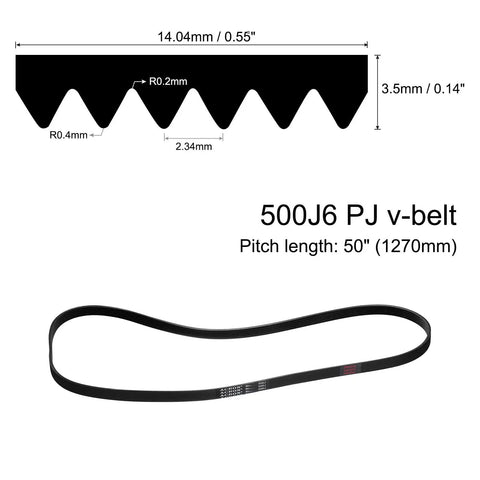 500J6 PJ V Ribbed Belt With 6 Ribs 50 Inch Length 0.55 Inch Width 0.14 Inch Thickness EPDM Rubber Poly V Belt shown in diagram