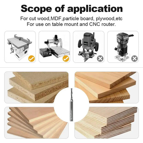 Up And Down Cut Compression Spiral Router Bit For CNC Machines, displayed with wood and MDF uses, ideal for clean cuts