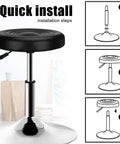Round Office Stool Chair With 360 Degree Swivel And Pneumatic Height Adjustment From 15.7 To 21.3 Inches installation steps shown