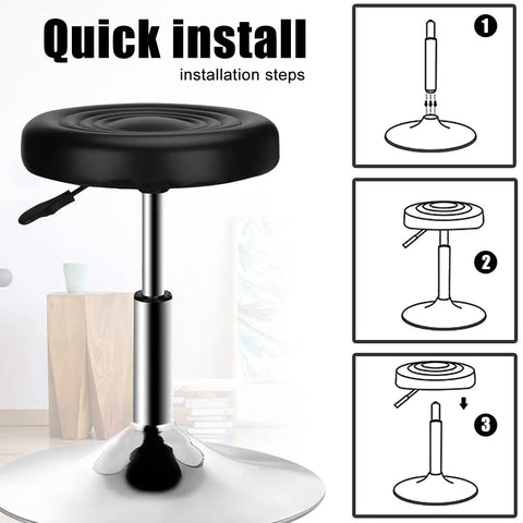Round Office Stool Chair With 360 Degree Swivel And Pneumatic Height Adjustment From 15.7 To 21.3 Inches installation steps shown