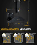 Heavy Duty Wall Mounted Gear Rack For Helmets Vests Belts And More, dimensions and load capacity details shown on black background.