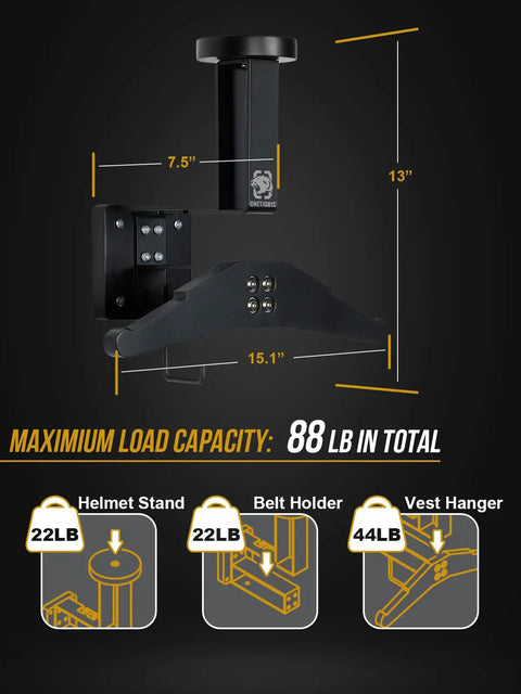 Heavy Duty Wall Mounted Gear Rack For Helmets Vests Belts And More, dimensions and load capacity details shown on black background.