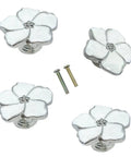 White Flower Petal Cabinet Knob Set Sleek Zinc Alloy Pull Handles With Rhinestone Centers, 4 Pieces, Silver Finish, Easy Install