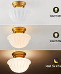 Gold Finish Schoolhouse Light Fixture 9 Inch Retro Vibe Modern Mid Century Semi Flush Mount Ceiling Light With Opal Milk Glass Shade