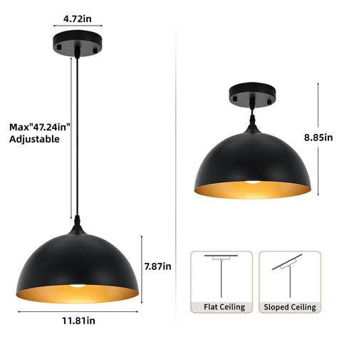 Two Pack Black And Gold Dome Farmhouse Pendant Lights with adjustable cord, shown with dimensions, for kitchen island and dining room.