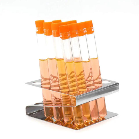 Sturdy Z Shape Stainless Steel Test Tube Rack Kit With 10 16ml Borosilicate Glass Tubes And Flange Stoppers, alphanumeric indexing.