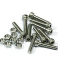 Close-up of M4x30mm hex socket screws and nuts from 30 pack rubber furniture feet bumpers with black rubber and metal floor protectors.