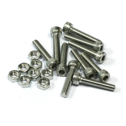 Close-up of M4x30mm hex socket screws and nuts from 30 pack rubber furniture feet bumpers with black rubber and metal floor protectors.