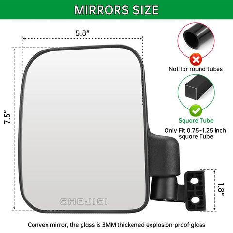Heavy Duty Golf Cart Mirrors For Square Tube Roll Cages, 5.8x7.5 inch convex glass for clear visibility.