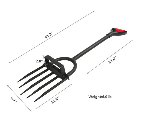 Heavy Duty 5 Tine Pitch Fork For Garden Work With Long Ergonomic T Handle Rust Resistant Stainless Steel Head and measurements