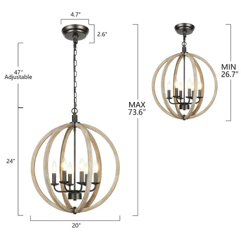 Six Light Farmhouse Chandelier With Rustic Wooden Globe Orb Open Sphere Pendant Light, adjustable height, 20 inch diameter