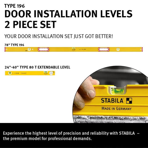 Heavy Duty Jamb Level Set Featuring 78 Inch Type 196 And 24 To 40 Inch Type 80 T Tool With Rock Solid Aluminum Frame Hella Bright Leak Proof Vials Built Tough For Daily Grind Perfect For Pro Carpentry And Diy Renovations