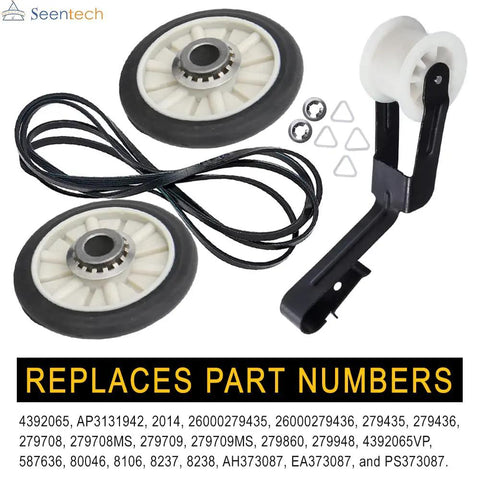 Complete Dryer Repair Kit With Drum Rollers Idler Pulley And Belt For Whirlpool And Kenmore Dryers No Sweat Install Includes Rear Drum Rollers Belt Pulley Assembly shown with parts.