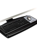 Slick Heavy Hitter Under Desk Keyboard Tray With Gel Wrist Rest And Smooth 23 Inch Glide Platform, Adjustable Height Tilt Swivel For Ultimate Ergonomic Vibe, Solid Wood Setup In Clean Black mounts below desk with keyboard and mouse.