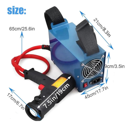 Heavy Duty Induction Bolt Remover And Handheld Induction Heater Tool With 1500 Watts showing sizes and dimensions of tool and parts.