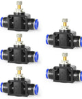 Inline Pneumatic Air Flow Control Valve With Push To Connect Fittings For No Fuss Easy Speed Control In Air Lines 6mm Tube OD To 6mm Tube OD Union Straight 0 To 145 PSI Plastic And Copper Construction in a group of five