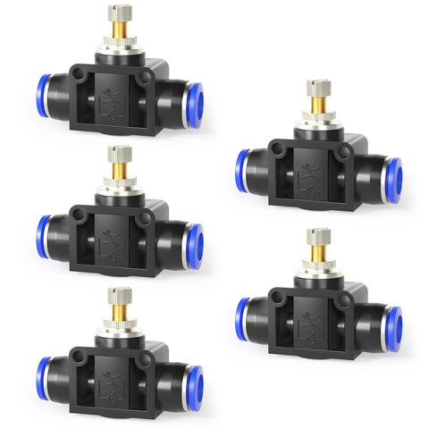 Inline Pneumatic Air Flow Control Valve With Push To Connect Fittings For No Fuss Easy Speed Control In Air Lines 6mm Tube OD To 6mm Tube OD Union Straight 0 To 145 PSI Plastic And Copper Construction in a group of five