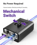 Two Port RJ45 Ethernet Switch And Passive Selector with mechanical slide switch, dual network connections visible, no power needed.