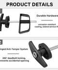 Product details of All In One Shed Door Latch Kit With T Handle Lock And Five Keys, showing durable hardware and anti-tamper system.