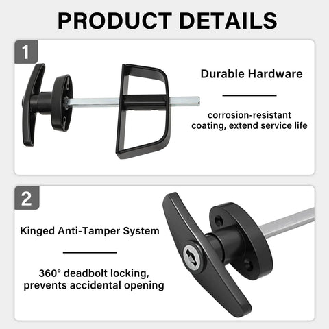 Product details of All In One Shed Door Latch Kit With T Handle Lock And Five Keys, showing durable hardware and anti-tamper system.