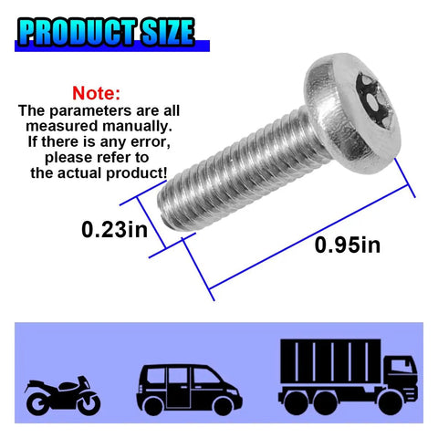 Bulletproof Heavy Duty Stainless Steel License Plate Screws Anti Theft Security Bolts With Hex Pattern Tough Rustproof Front Rear Car Tag Fastener Mounting Kit No Sweat, showcasing size 0.23in x 0.95in.