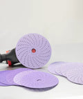 Kick Some Serious Grit With These 3M Cubitron II Hookit Abrasive Discs For Auto Work, 3 inch, purple sanding discs with multi-hole design.