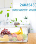 2-Pack Refrigerator Door Bin Shelf Replacement 240324502 filled with assorted fruits on kitchen counter