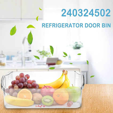 2-Pack Refrigerator Door Bin Shelf Replacement 240324502 filled with assorted fruits on kitchen counter