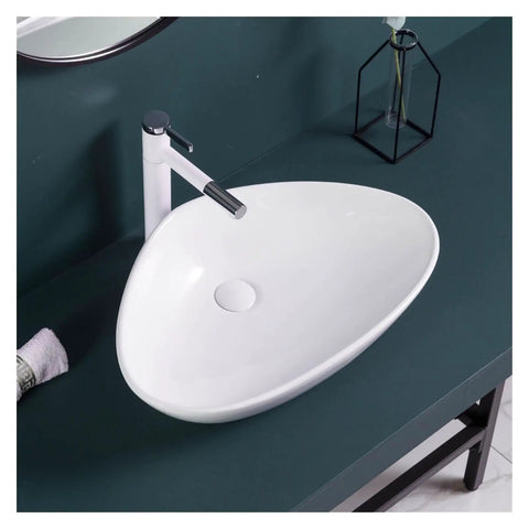 Bathroom Sink Ceramic Art Basin Large Size Creative Triangle Above Counter Basin with modern faucet and smooth surface.