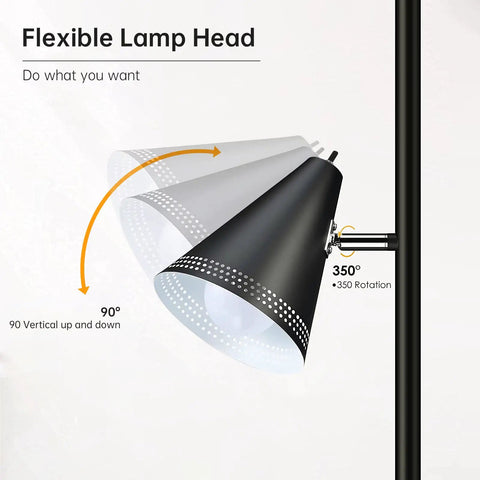 Triple Head Floor Lamp With 9W LED Bulbs, Three Color Temperature Settings, showing adjustable metal lamp shade rotation