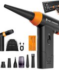 2 In 1 Air Blower And Suction Duster With Brushless Motor, 150000 RPM, shown with accessories and dusting a keyboard