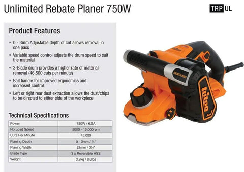 Beast 750W 2 in 1 Electric Wood Planer And Sander with 17 Position Depth Control, shown with features and specifications.