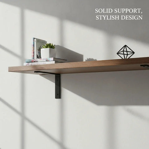 Z Shaped Carbon Steel Wall Bracket For Floating Shelves installed under wooden shelf with decor items.