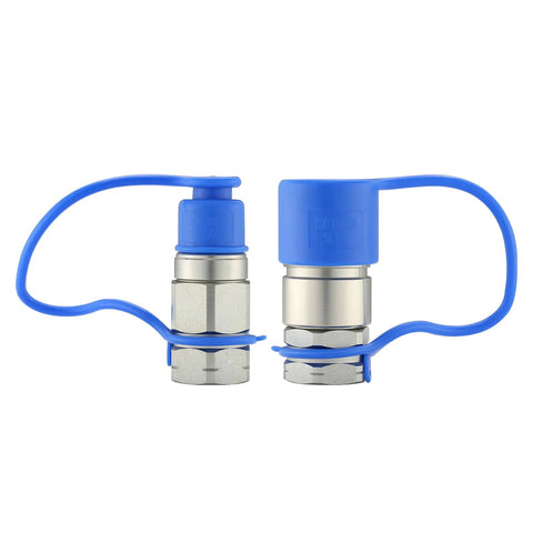 Blue 1/2-inch flat-face hydraulic quick-connect dust caps with rubber covers on metal fittings; tethered pair