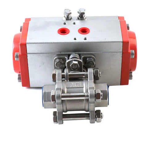 Front view of half inch pneumatic ball valve actuator in stainless steel three piece double acting for precise flow management