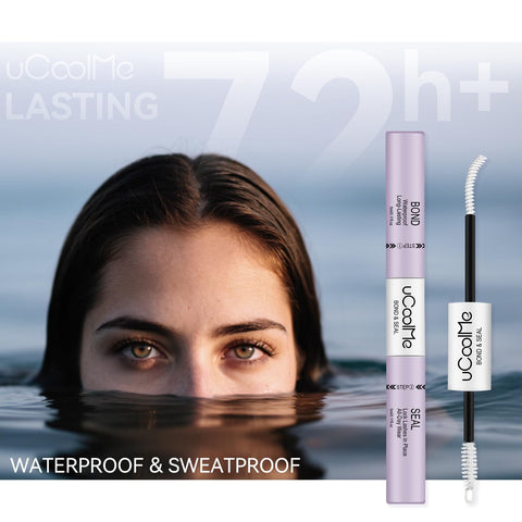All Day Waterproof Lash Bond And Seal Eyelash Glue 10ml next to woman in water, showing waterproof feature
