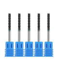 Front view of five 1/8in solid carbide long end mills, 4-flute, 30° helix, with blue bases.